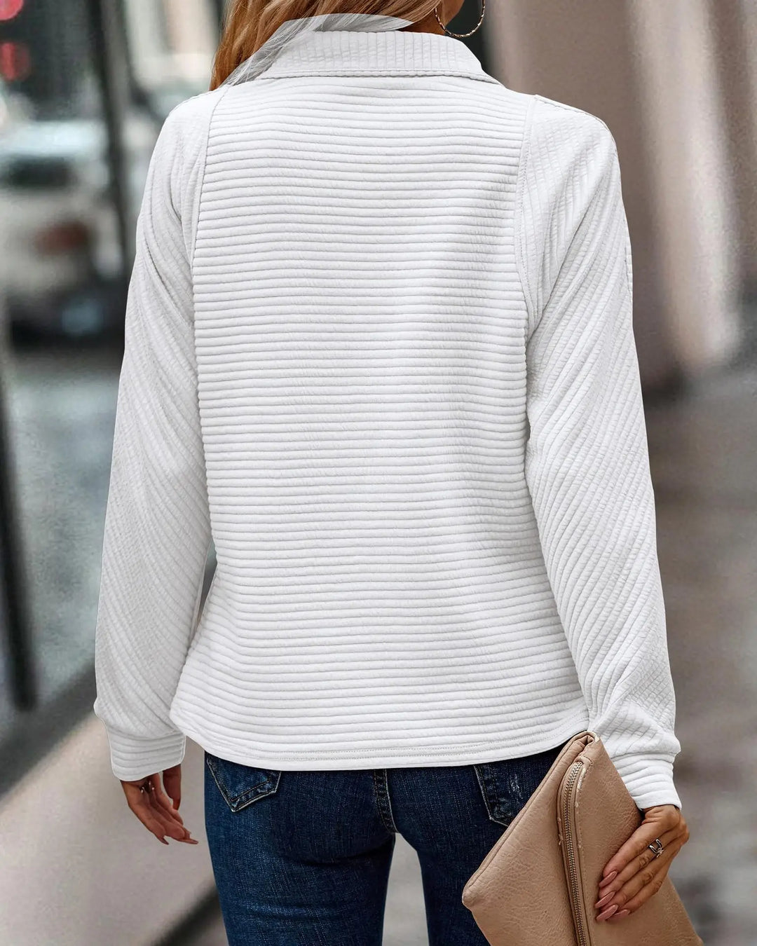 Damen Pullover mit V-Ausschnitt, halbem Reißverschluss und verstellbarem Kragen