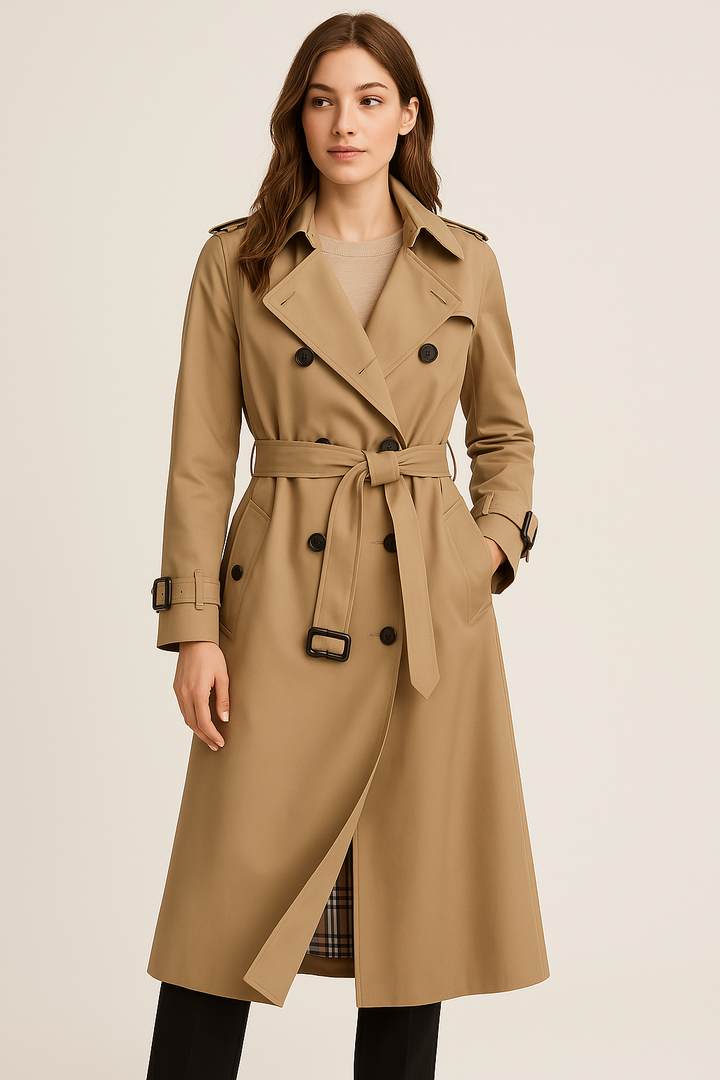 Damen Trenchcoat lang mit Gürtel und doppelreihiger Knopfleiste
