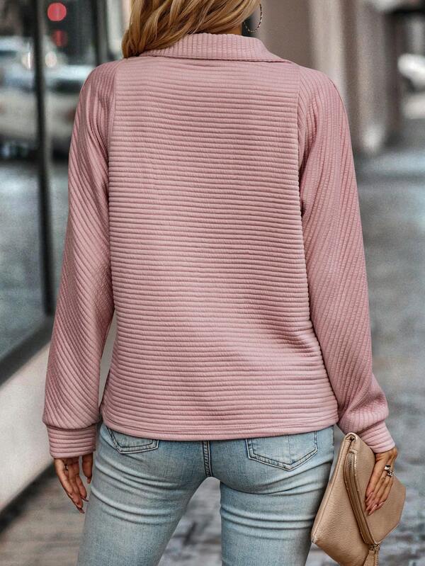 Damen Pullover mit V-Ausschnitt, halbem Reißverschluss und verstellbarem Kragen